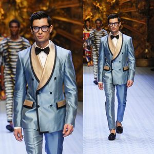 Neuesten blauen Zweireiher Bräutigam Smoking Zwei Stücke Herren Designer-Anzüge nach Maß dünne Sitz-Klage für Hochzeit Best Man Anzüge (Jacket + Pants)