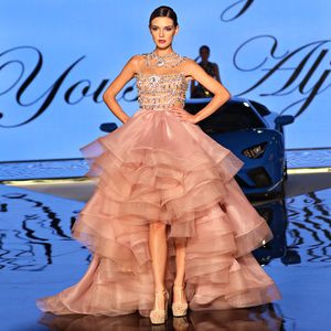 Yousef Aljasmi Vestidos para Ocasiões Especiais A Line Tiered Organza Bling Cristal Frisado Prom Vestido de Desgaste da Noite Hihi Baixo Vestidos de Noite