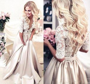 Half Sleeves Prom Dresses Applique Covered Button Back Lace Evening Long Dresses Junior Skinny Girl Party Gowns283x