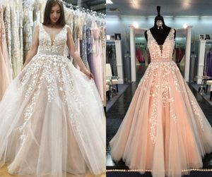 Ball Gown Real Prom Dresses V Neck Sheer Straps Appliqued Lace Tulle Floor Length Backless Blush Pink Formal Evening Party Gowns DH4096