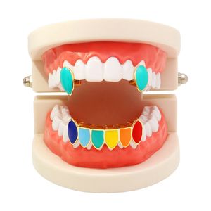 Hip Hop Färgglada Grillz Real Gold Plated Dental Grills Rapper Lyxig Golden Body Smycken Röd DarkBlue Yellow Sky Blue Orange Peacock Blue