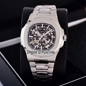 Novo Clássico 5711 Prata Aço Preto Esqueleto Grande Logotipo Ásia 2813 Automático Mens Watch Relógios De Aço Inoxidável 6 Colos Puretime PB307g7