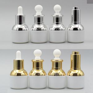 30ml Tom Refillerbar Upscale Pearl Vit Glasflaska Essentiell Olja Kosmetik Jar Potte Containerflaska med Glas Pipette Eye Dropper