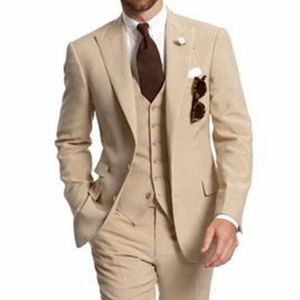 高品質のベージュの男性スーツピーク襟2ボタンカスタムメイドの結婚式のスーツ3ピース新郎のタキシード ジャケット パンツ ベスト