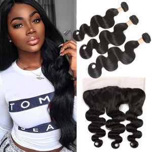 Malaysian Human Hair Extensions Body Wave Bundles With 13X4 Lace Frontal 4 Pieces/lot Human Hair Wefts With Closure Natural Color