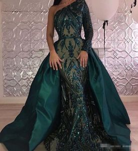 Ciemnozielone Overtkirts Mermaid Prom Dresses Luksusowe cekiny Zroszony Satyna Odłączany Pociąg Formalna Suknia Wieczorowa Jedna strona Długie Ręki