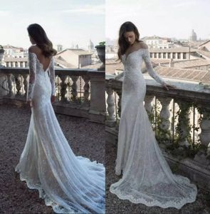 Wspaniała Elegancka Syrenka Pełna Koronkowa Suknie Ślubne 2019 Nowa Sheer Neck Długie Rękawy Sexy Niski Powrót Wedding Suknie Bridal Vintage