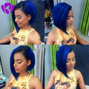 Moda estilo Irregular curto bob reta perucas para as mulheres negras ombre azul cor peruca dianteira do laço sintético Cosplay Resistente Ao Calor