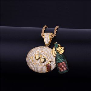 Nouveau pendentif colliers homme/femmes Hip-hop bijoux Zircon cuivre plaqué or 18 carats sourire bouteille 3 couleurs livraison directe