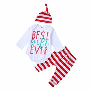 Baby Clothes Boys Girls Suits Best Gift Ever Printed Long Sleeve Romper + Striped Pants + Hat 3PCS Baby Outfits Set Children Kids Clothing