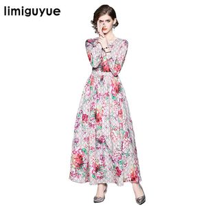 Limiguyue高品質デザイナー高級滑走路ドレス女性秋のドレスoネック長袖プリントビンテージロングマキシドレスZ0931