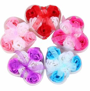 Blanda färger hjärtformad 100% naturlig rose tvål blomma romantisk handgjord bad tvål gåva (6pcs = en låda) lx3907