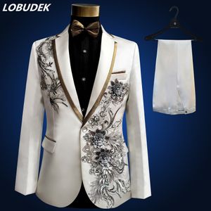 (jacket+pants+bow tie+belt) Man Suits Wedding Groom Dress Applique Flowers Sequins Blazers Prom White Black Red Suit Singer Host Stage Wears