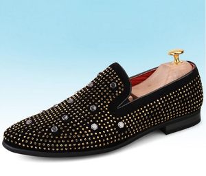 Fashion European style Casual FormalDress Wedding Party Shoes Black Genuine Leather Gold Metallic Mens Studded Loafers