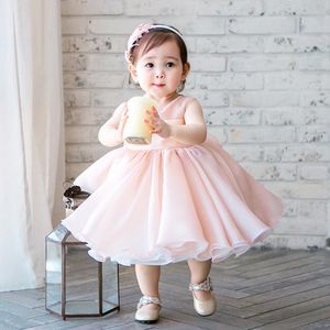 Симпатичный розовый шифон рукава Новорожденного цветок девочка платье из бисера Младенец крестины платье Birthday Party Dress For Baby Крещение М51