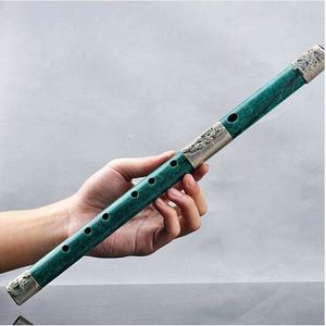 CHINA Natural Jade Armor Tibet Silver Hand Carved Dragon & Phoneix Pattern Flute