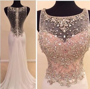 Senaste Design Scoop Neck Mermaid Evening Klänningar 2017 Tung Beading Crystal Long Summer Style Prom Gowns Sheer Back Arabic Formell Party Gown