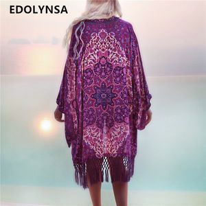 Bohem tarzı 2018 Yaz Mor Kimono Hırka Günlük Moda Boho Hippi Nakış Tassel bayanlar Gömlek Kadın Tops #N149