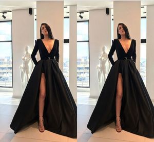 Fall Winter Black Designer Dresses Formell Klänning 2021 V-Neck Långärmad Hög Låg Satin Prom Dress Evening Gowns Sash Party Dress Plus Storlek