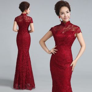 Şarap Kırmızı Dantel Düğün Cheongsam Modern Çin Geleneksel Elbise Qipao Abiye Uzun Qi Pao Örgün Vintage Robe Chinoise