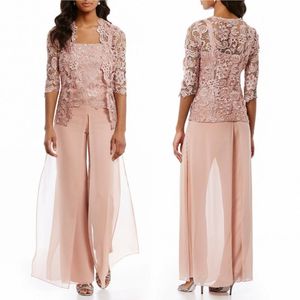 Cheap Pink Mother Of The Bride Pant Suits With Jacket Chiffon Lace Beach Wedding Guest Mothers Groom Dress Formal Outfit Garment W230s