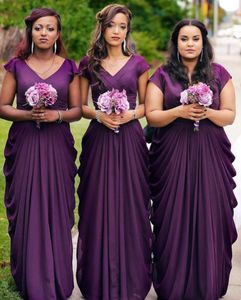 Upadek 2019 Fioletowe sukienki Druhna Długie Skromne V Dekolt Capped Rękawy Draping Linia Kraj Weddings Maid of Honor Plus Size Sukienki