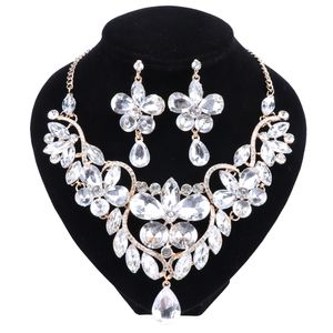 Fashion Gold Color Bridal Jewelry Set for Brides Crystal Necklace Earrings Wedding Party Costume Accessories Decoration Women