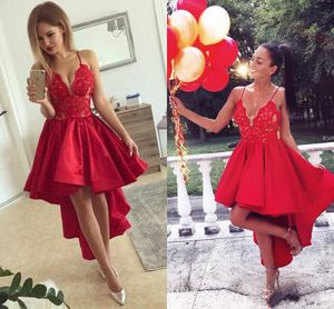 Modest High Low Homecoming Dresses Satin Straps Spaghetti Lace Cheap A-Line Arabic Short Prom Dress Cocktail Graduation Party Club Wear
