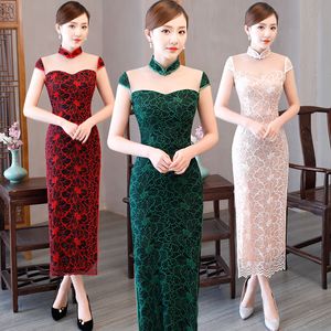 Kvinnor Party Dresses Chinese Style Stand Collar Vestidos Lace Cheongsam Klänning Mandarin Retro Blommönster Lång sommarklänning