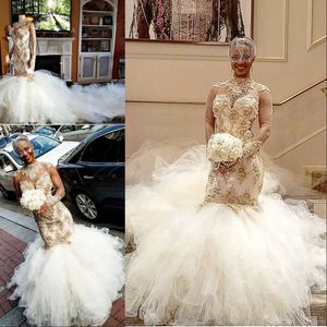 Abito da sposa a sirena africana con 2 metri di coda collo alto perline applique maniche lunghe abito da sposa abiti da sposa soffici e trasparenti