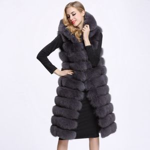 Mulher de inverno longo colete de pele sintética de alta qualidade 11 linhas com capuz roupas femininas outwear quente