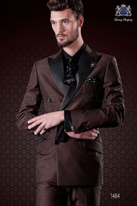 Новый модный коричневый атлас жениха Tuxedos Отлично Groommen Blazer Double-Breasted Slim Fit Men Business Party Prom Suit ((Куртка + брюки + галстук)