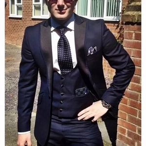 Navy Blue Groom Tuxedos for Wedding Wear 2018 Peaked Lapel One Button Custom Made Business Men Suits (Jacket +Vest + Pants)