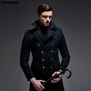 브랜드 2018 새로운 디자인 더블 브레스트 인과 원인 모직 코트 망 고품질 Ermany Woolen Jacket 롱 완두콩 코트