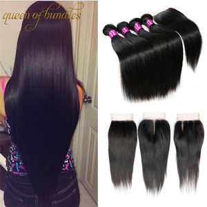 Cabelo Virgem brasileira Em Linha Reta 3 Pcs Com 4x4 Lace Encerramento Grau 9A Não Transformados Feixes de Cabelo Humano Com Fecho Em Linha Reta