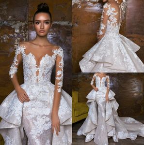 2018 novo projetado sereia vestidos de casamento com trem destacável lace appliqued vestidos de noiva ilusão corpete país vestido de noiva