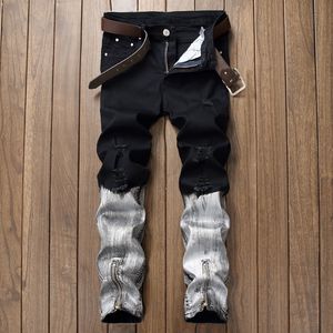 Herren Distressed Ripped White Black Reißverschluss Jeans Slim Fit Designer gerade Bein Biker Kontrastfarbe Denimhose Streetwear JB1873