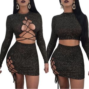 Seksi Bayan Sonbahar uzun Kollu Elbise Fashiom Bandaj 2 Parça Set Siyah elbiseler Bodycon İnce Seksi Parti Elbise Parti Kokteyl Kısa Mini Elbise