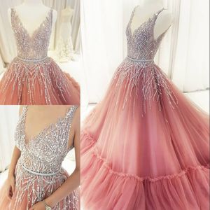 Sparkly Sequins Balo Balo Elbise Sheer V Yaka Boncuklu Kolsuz Abiye Dubai Muhteşem Kabarık Tül A-Line Parti Elbise Akşam Gow