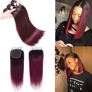 New Arrive Peruvian Burgundy Hair Weave With Closure Straight Two Tone Ombre 1B 99J Wine Red Human Hair Bundles And Lace Closures