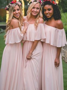 Charming Light Pink Off Shoulder Boho Bridesmaid Dresses Long Backless Chiffon Wedding Dress Guests Party Dress For Bridesmaids Bridal Gowns