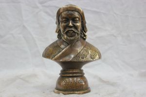 7'' China Pure Bronze Genghis Khan Bust Statue Carved Auspicious Flowers
