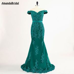 AmandaBridal Off The Shoulder Sexy Mermaid Prom Klänningar 2021 Modest Beading Tulle Red Formal Evening Special Occasion Dresses