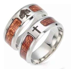 Stainless Steel Tree of Life Jesus Believe Cross Ring Wood Ring Band Rings Women Men Fashion Jewelry Gift 4 Colors