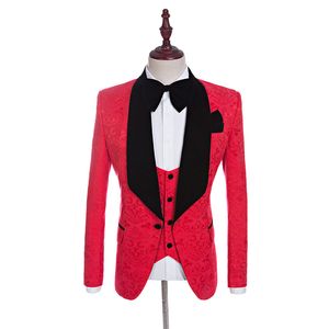Smoking da sposo jacquard Groomsman rosso da sposa Abito da 3 pezzi Moda uomo Business Prom Party Jacket Blazer (giacca + pantaloni + cravatta + gilet) 2657
