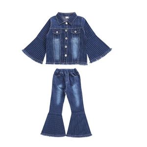 Neue Mode Große Mädchen Sets Denim Kinder Kleidung Frühling Herbst 2 teile/los Flare Sleeve Top + Flare Jeans Kinder Outfits