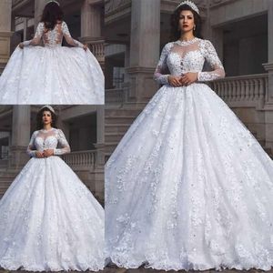 Luxury Dubai Arabic Plus Size Wedding Dresses Long Sleeves Lace Applique Illusion Jewel Neck Beads Bridal Gowns robe de mariée