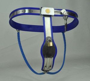 Dispositivi di castità Modello regolabile femminile YStainless Steel Premium Blue Chastity Belt Device # E07