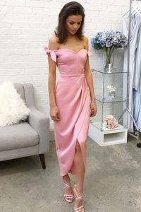 Różowy Off Ramiona Koktajl Party Suknie Sweetheart Satin Kostka Długość Proste Tanie Formalne Prom Party Dress Suknie dla kobiet Nowe