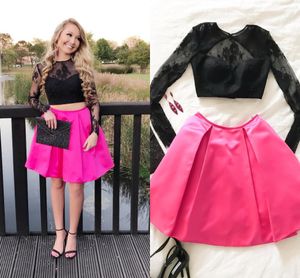 Elegant Two Piece Short Homecoming Dresses Lace Satin Long Sleeves Black Pink Party Dresses Short Prom Dresses
